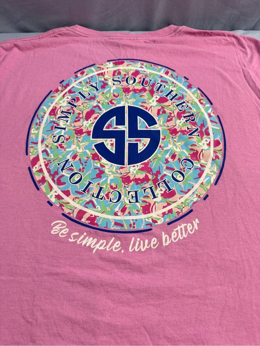 Simply Southern Pink Tee with Navy Monogram and Multicolor Floral Circle